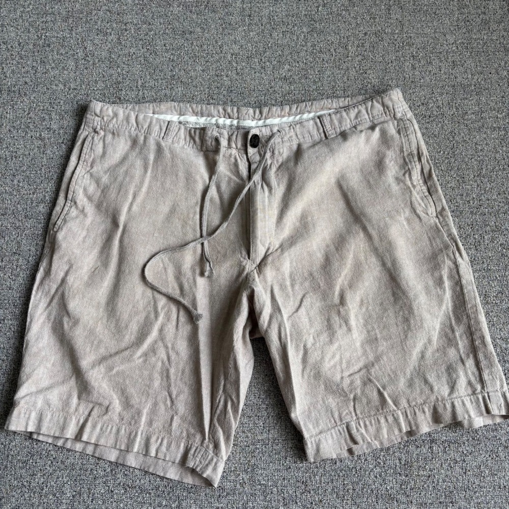 Perry Ellis Shorts Mens 32 Beige Linen Blend Drawstring Flat Front Casual 8in